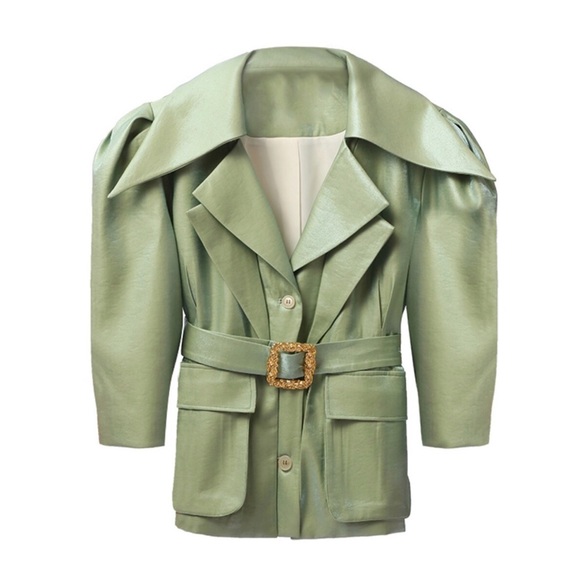 Green Metallic Sheen Belted Jacket - Picture 7 of 16